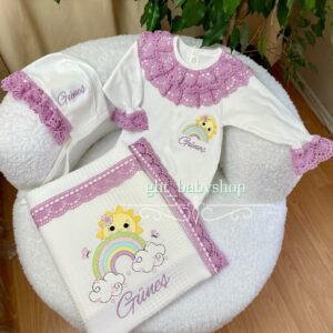 Güneş desenli lila dantelli 4lü set