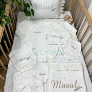 Yeşil yaprak desenli yandan dantelli 11li set