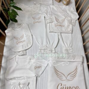 Melek kanadı desenli krem renk işlemeli dantelli 10lu set