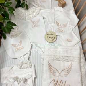 Melek kanadı desenli krem işlemeli pike battaniyeli dantelli 10lu set