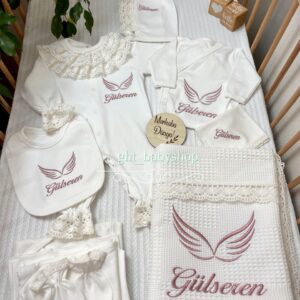 Melek kanadı desenli gülkurusu işlemeli pike battaniyeli dantelli 10lu set