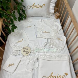 Gold işlemeli isim kalpli dantelli 11li set