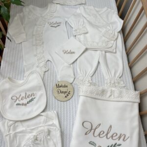 Yeşil yaprak desenli yandan dantelli tulumlu 10lu set