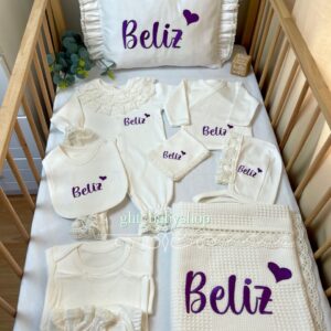 Mor kalp işlemeli pike battaniyeli dantelli 11li set