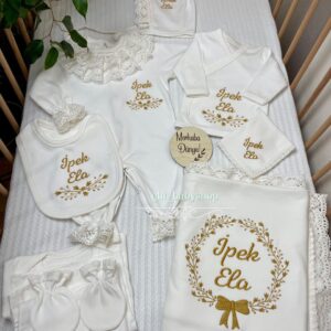 Gold işlemeli tomurcuk lale desenli dantelli 10lu set