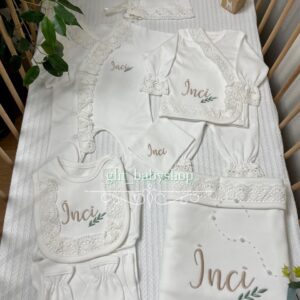 Yeşil yaprak desenli yandan dantelli tulumlu 10lu set