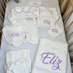 Mor isim işlemeli klasik tulumlu 10lu set