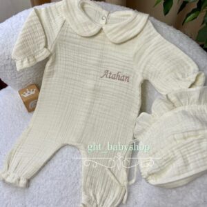 İsim işlemeli bebe yakalı tulum şapka 2li set