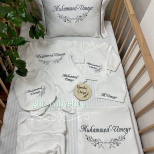 Zeytin dalı desenli gri tonlarda işlemeli klasik tulumlu 11li set