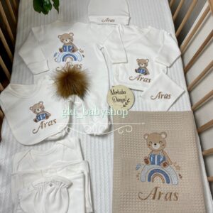 Kapuçino ponponlu tavşan tulumlu gökkuşağı üstünde ayıcık desenli 10lu set