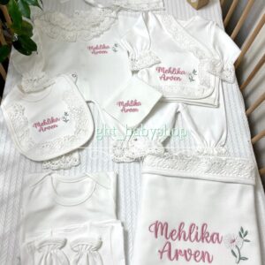 Papatya desenli pudra isim işlemeli dantelli 10lu set
