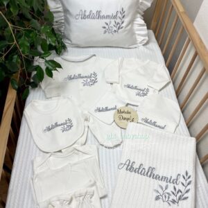 Yaprak desenli gri tonlarda işlemeli klasik tulumlu 11li set