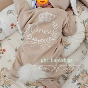 Beyaz işlemeli kapuçino tavşan tulumlu 3lü set