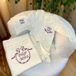 Üstten fiyonklu mor işlemeli 3lü set