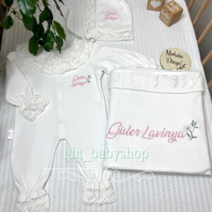 Papatya desenli pudra işlemeli 3lü set