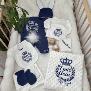 Taçlı çelenk işlemeli lacivert tavşan tulumlu 10lu set