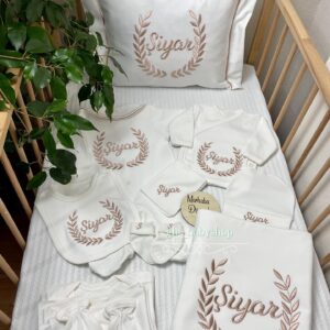 Defne yaprağı desenli bej işlemeli 11li set