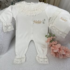 Papatya desenli dantelli tulum şapka 2li set (Gold)