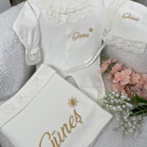 Minik güneş desenli dantelli tulumlu 3lü set