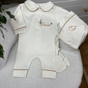 Bej biyeli 3lü set yaprak ve kalp desenli