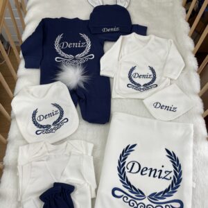 Kalpli çelenk işlemeli lacivert tavşan tulumlu 10lu set