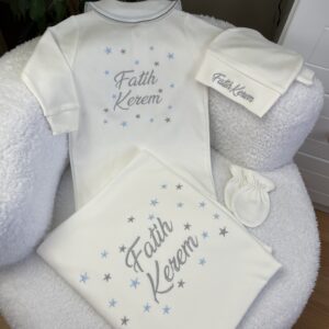 Serpme yıldız işlemeli 4lü set (mavi - gri)