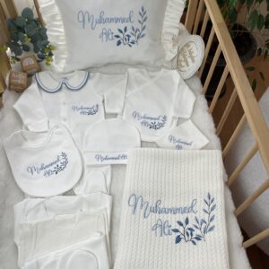 Yaprak desenli mavi tonlarda işlemeli klasik tulumlu 11li set