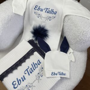 Lacivert ponponlu tavşan tulumlu zeytin dalı desenli 4lü set