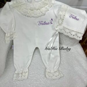 Papatya desenli dantelli tulum şapka 2li set (mor)