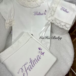 Papatya desenli dantelli tulum şapka battaniye 3lü set (mor)