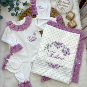 Lila dantelli nohut battaniyeli kelebek desenli 4lü set