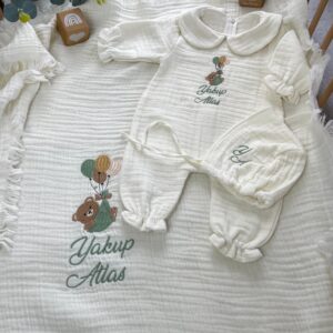 Balonlu ayıcık işlemeli müslin 3lü set