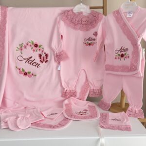 Pembe üzerine pembe dantelli kelebek desenli 10lu set