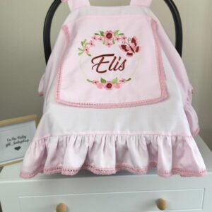 Kelebek desenli pembe işlemeli kapaklı puset örtüsü