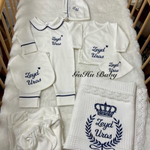 Lacivert biyeli çelenk taç işlemeli pike battaniyeli 10lu set