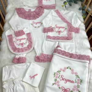 Çıtır çiçek pembe desenli pembe dantelli 10lu set