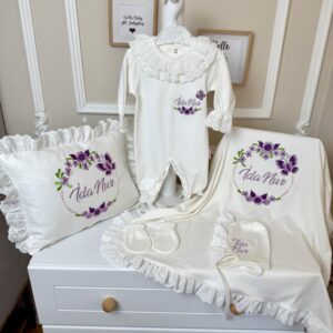 Mor kelebek işlemeli fistolu 5li set