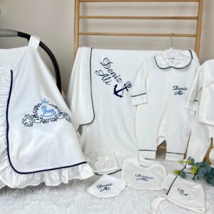 Lacivert biyeli çapa işlemeli 11li set