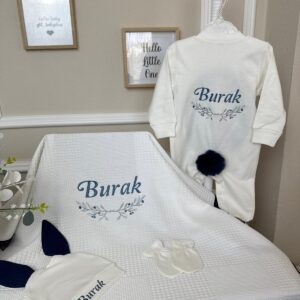 Zeytin dalı desenli lacivert ponponlu tavşan tulumlu 4lü set