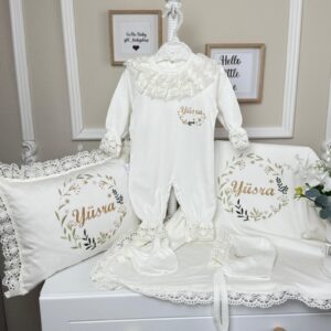 Çiçekli desenli dantelli tulumlu 5li set