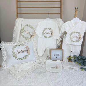 Tavşan desenli kapuçino tonlarda işlemeli pike battaniyeli 11li set