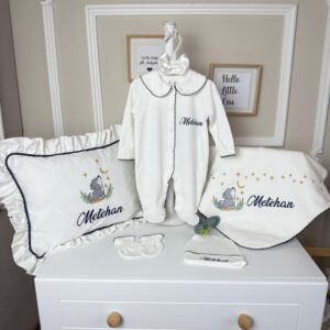 Sevimli Kurt işlemeli lacivert oyalı 5li set