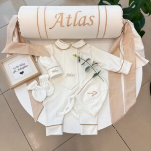 Bej biyeli kravatlı 3lü set (Şeker yastık extra eklenmektedir)
