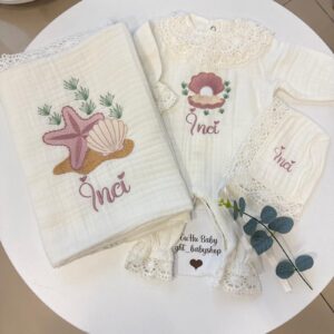İnci işlemeli dantelli müslin 3lü set