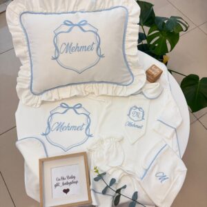 Bebe mavisi biyeli fiyonk desenli 11li set
